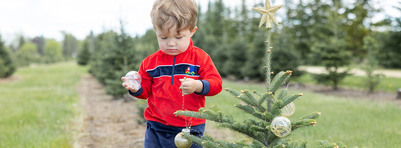 young boy with a holiday tree in a red velour pull-over